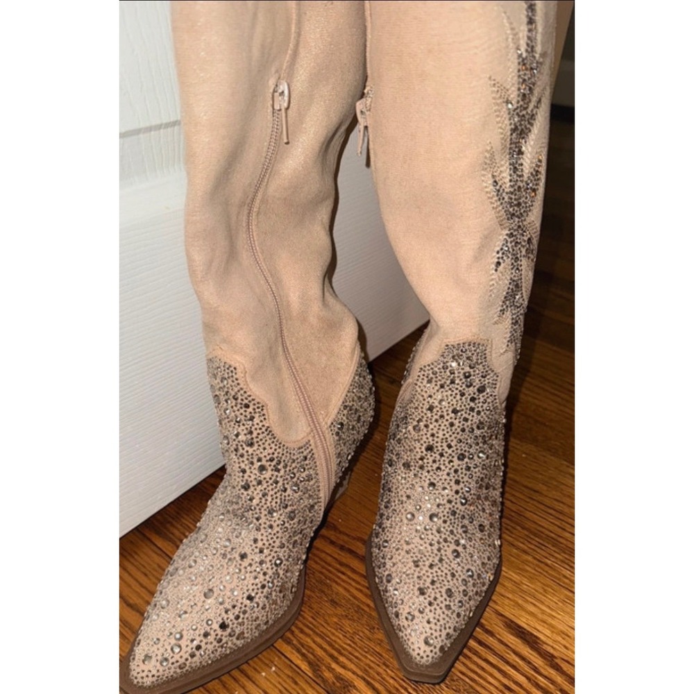 ASOS Tan Rhinestone Western Cowboy Boots Pointed Toe Block Heel Glam Sparkle 6m